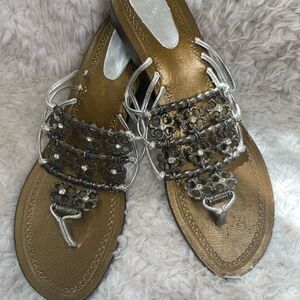 Made in Italy leather silver straps thong Sandals rustic metal &rhinestones SZ9